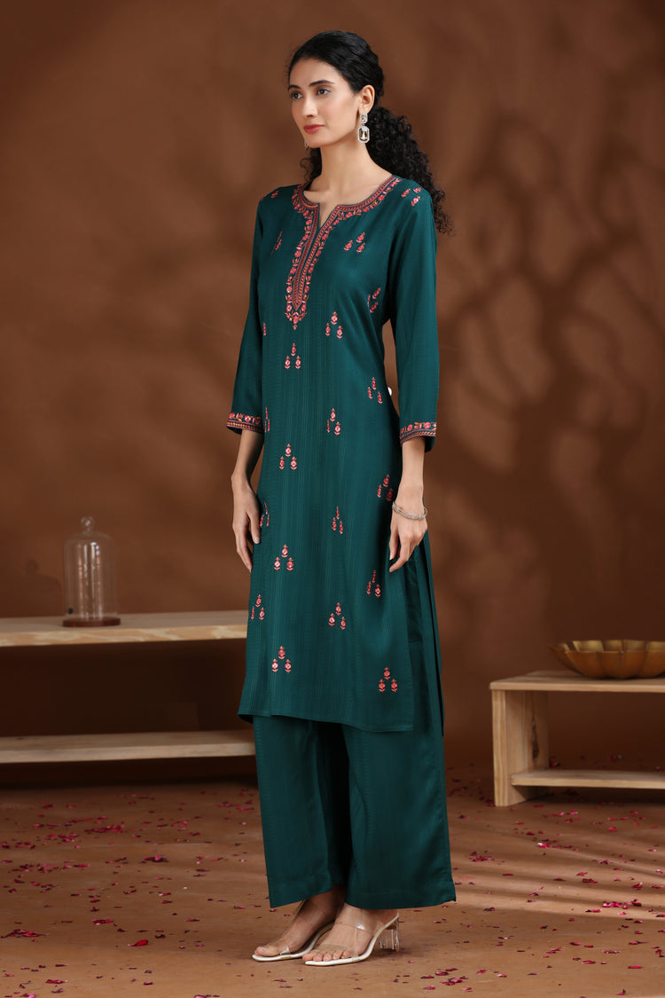 Dark Teal Embroidered Straight Cotton Co-ord Set