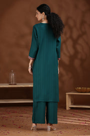Dark Teal Embroidered Straight Cotton Co-ord Set