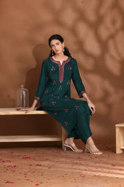 Dark Teal Embroidered Straight Cotton Co-ord Set