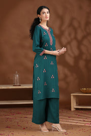 Dark Teal Embroidered Straight Cotton Co-ord Set