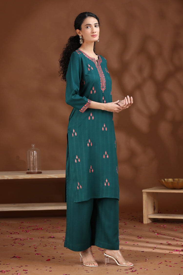 Dark Teal Embroidered Straight Cotton Co-ord Set
