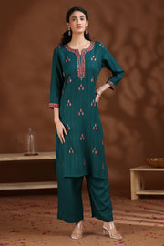 Dark Teal Embroidered Straight Cotton Co-ord Set