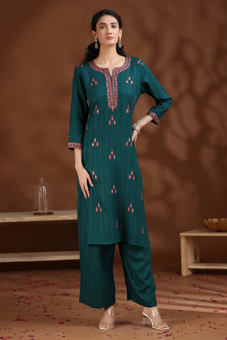 Dark Teal Embroidered Straight Cotton Co-ord Set