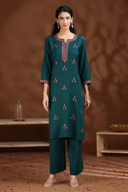 Dark Teal Embroidered Straight Cotton Co-ord Set