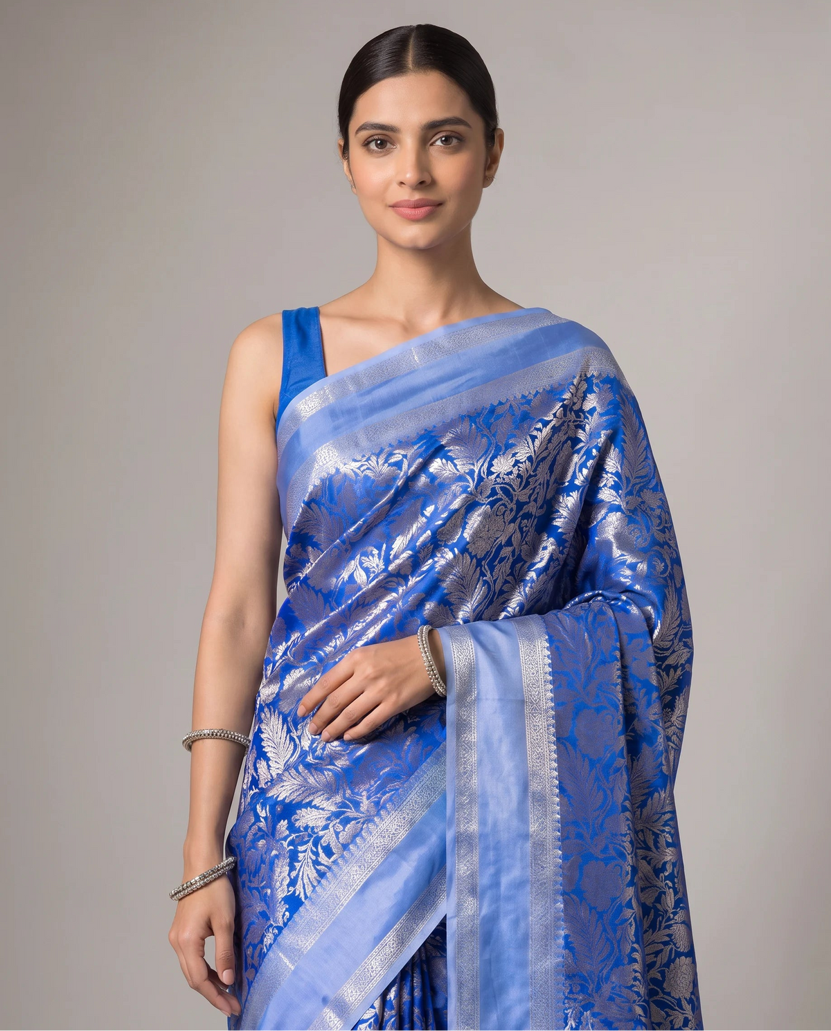 Dark Blue Silk Floral Zari Woven Saree