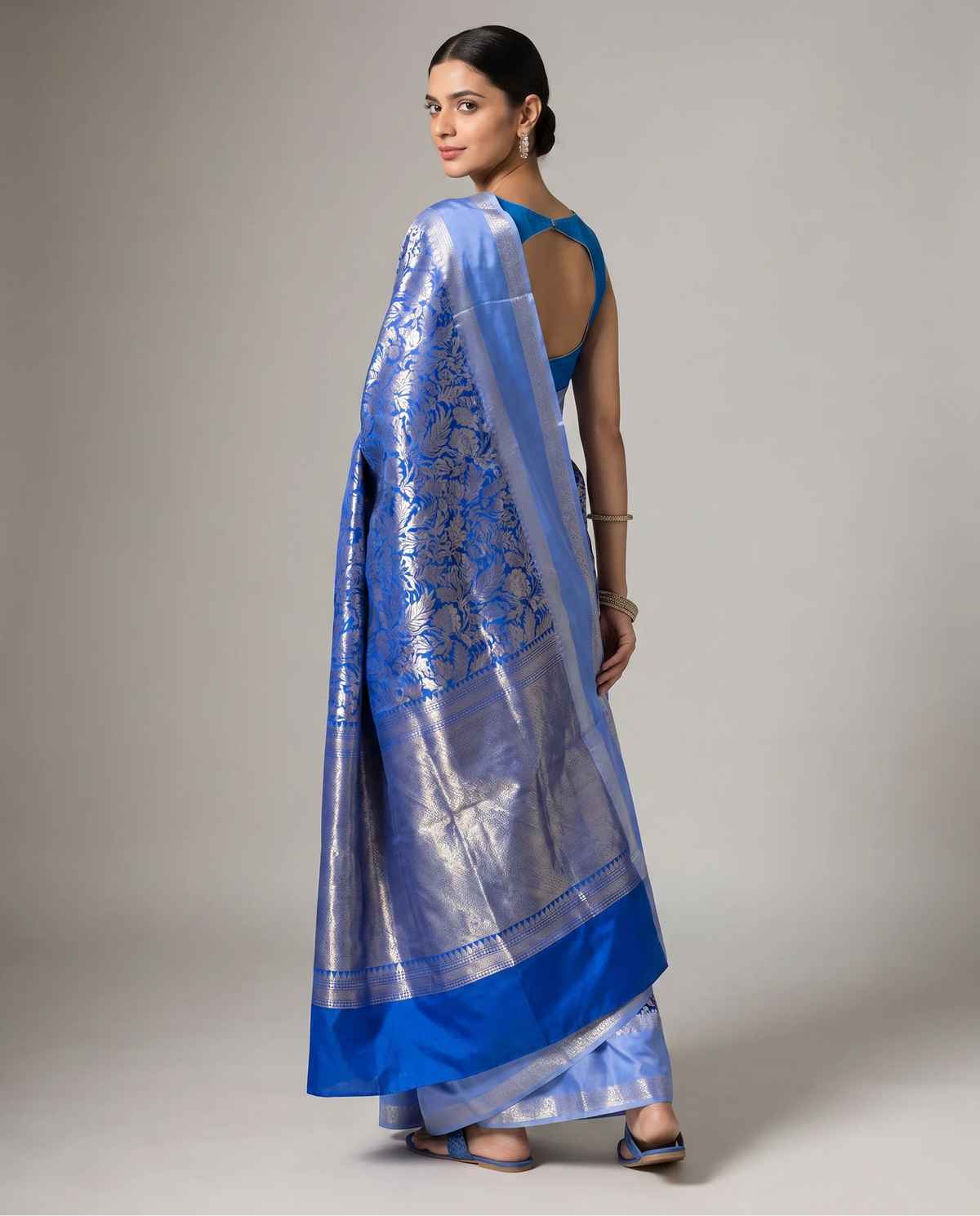 Dark Blue Silk Floral Zari Woven Saree