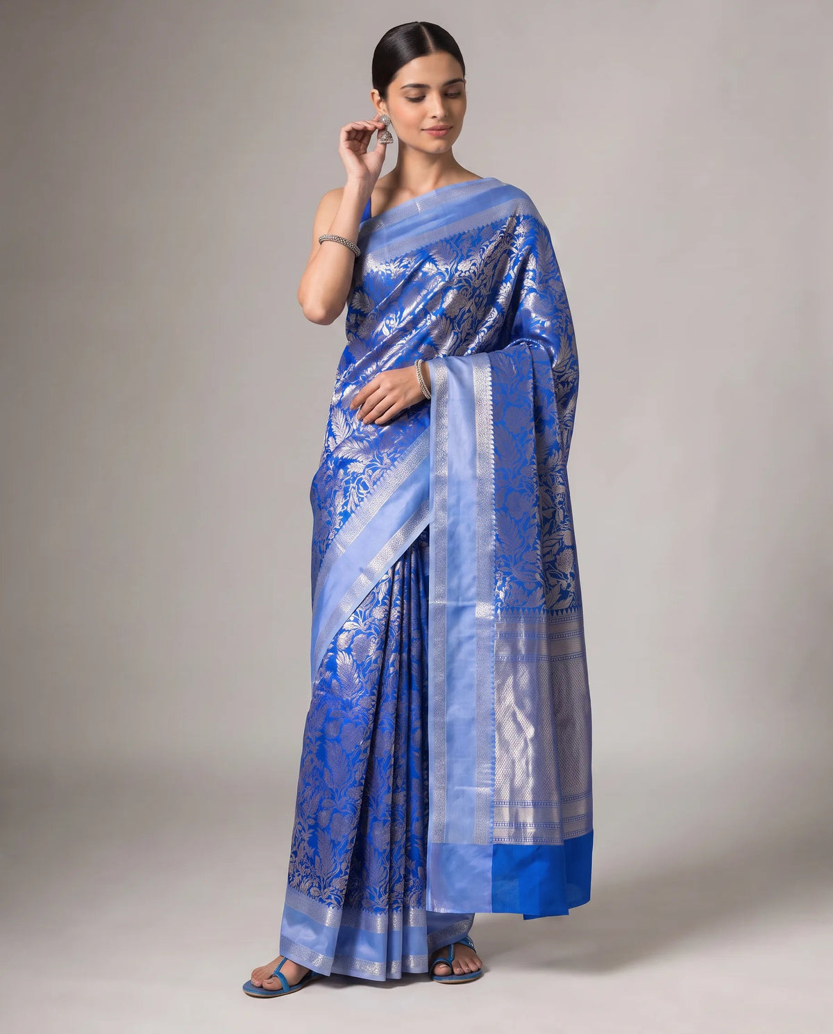 Dark Blue Silk Floral Zari Woven Saree