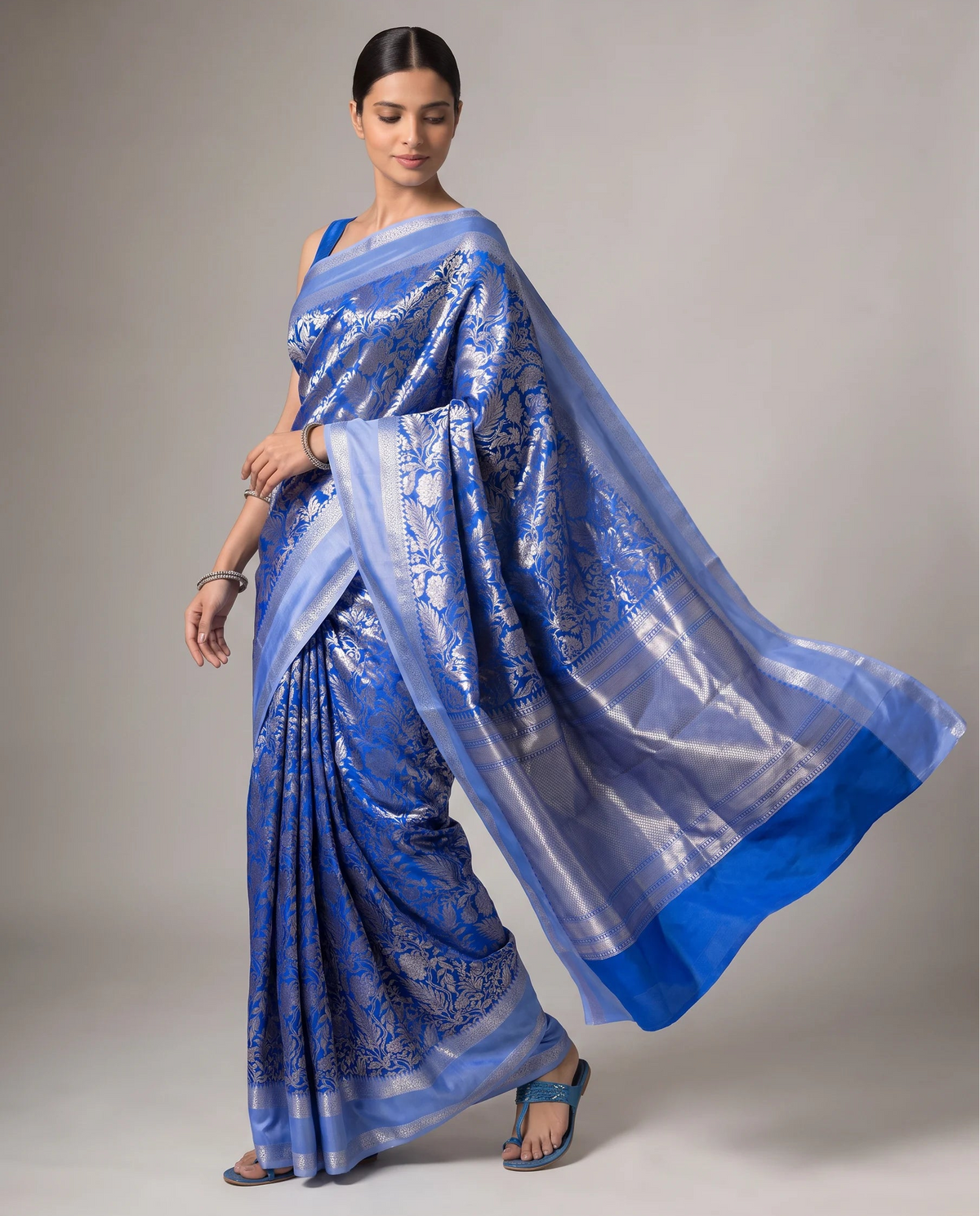 Dark Blue Silk Floral Zari Woven Saree