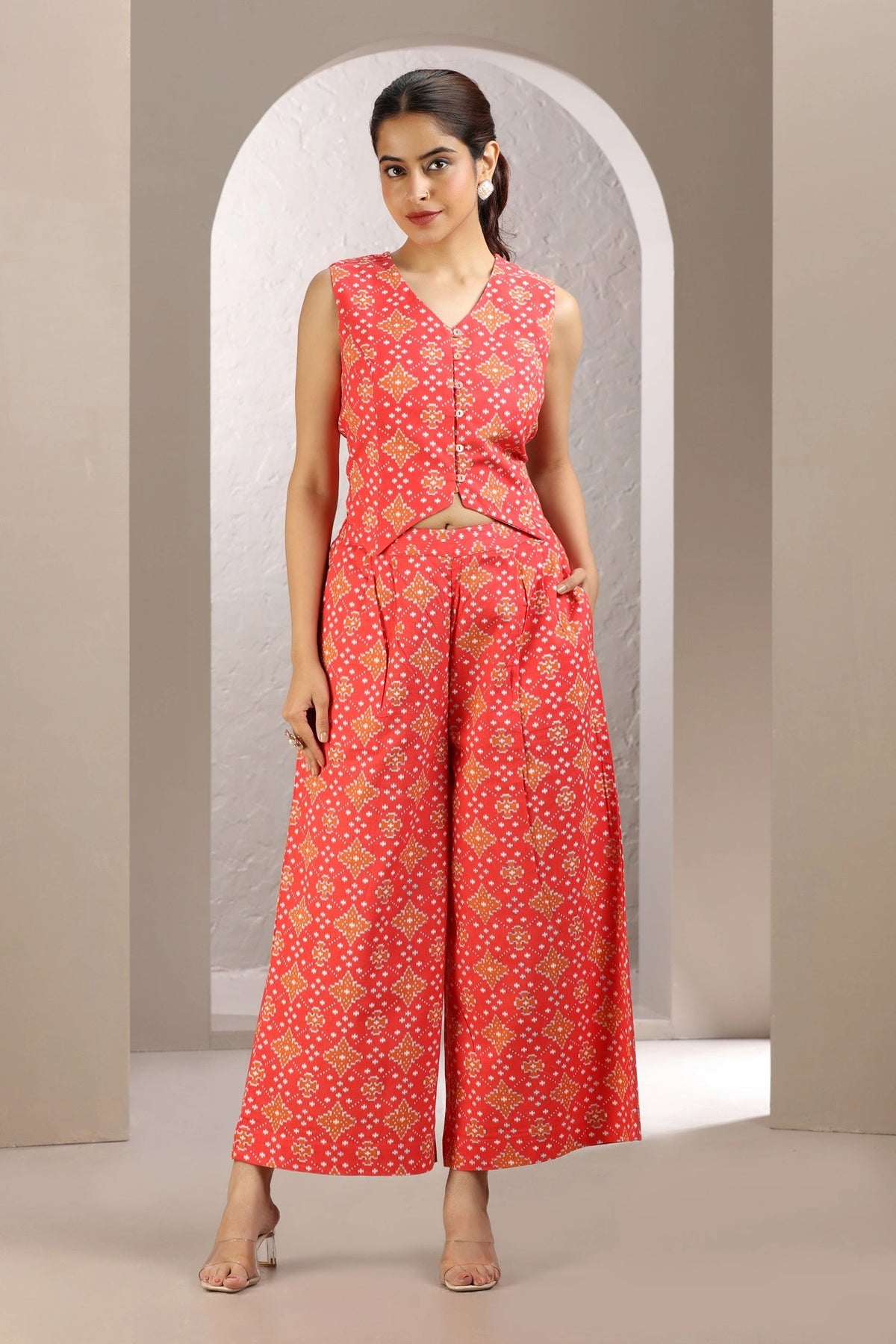 Dark Peach Cotton Printed A Line Sleeveless Co-ord Set