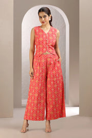 Dark Peach Cotton Printed A Line Sleeveless Co-ord Set