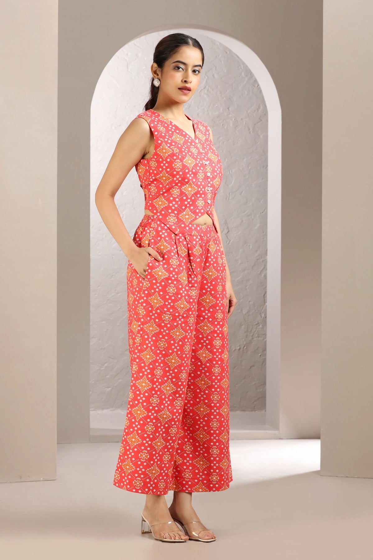 Dark Peach Cotton Printed A Line Sleeveless Co-ord Set