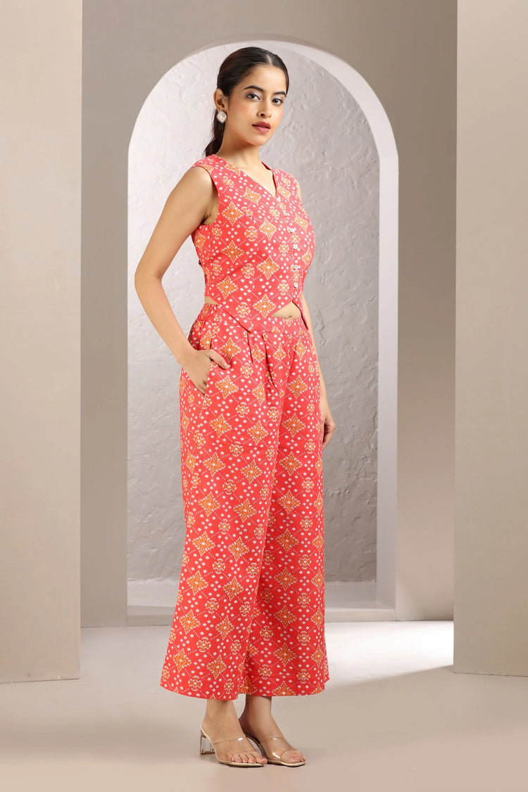 Dark Peach Cotton Printed A Line Sleeveless Co-ord Set