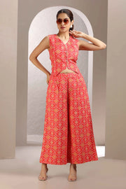 Dark Peach Cotton Printed A Line Sleeveless Co-ord Set