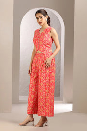 Dark Peach Cotton Printed A Line Sleeveless Co-ord Set