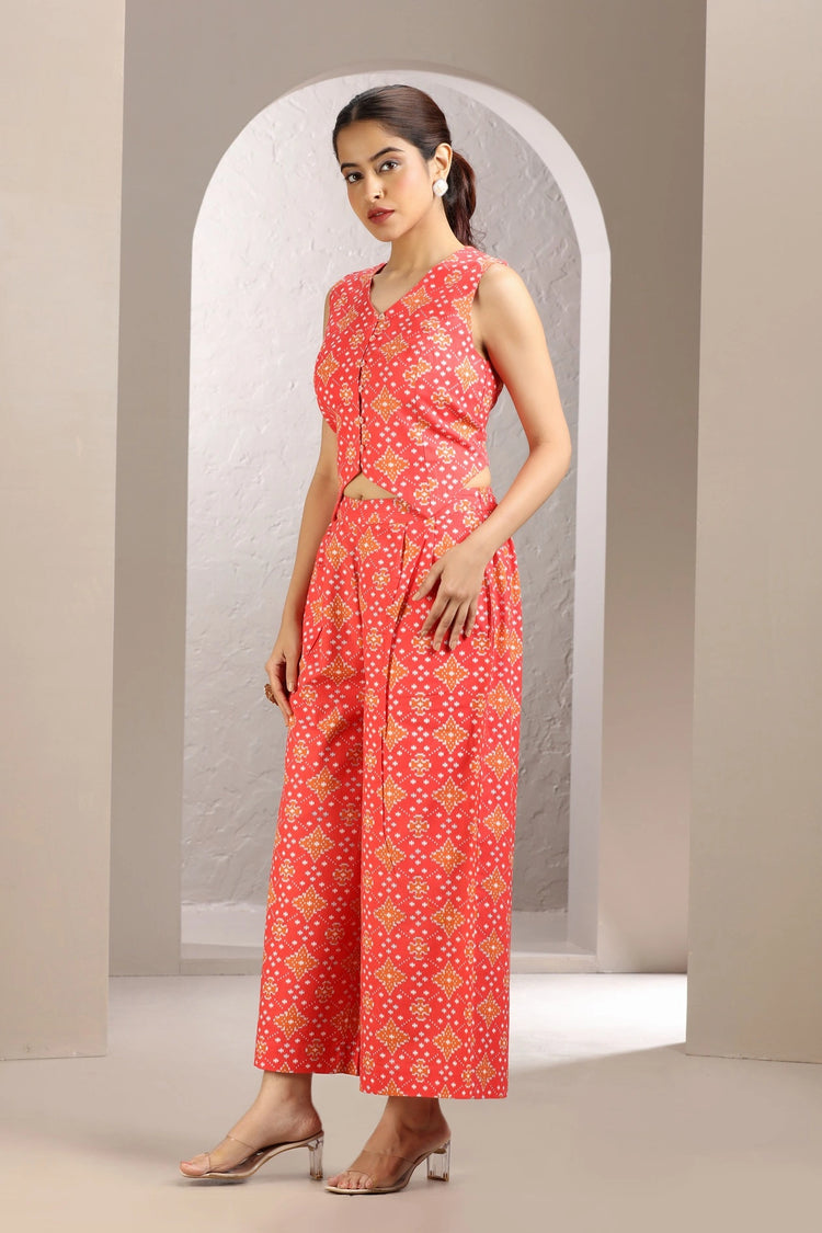 Dark Peach Cotton Printed A Line Sleeveless Co-ord Set