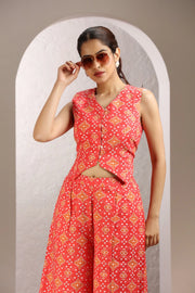 Dark Peach Cotton Printed A Line Sleeveless Co-ord Set