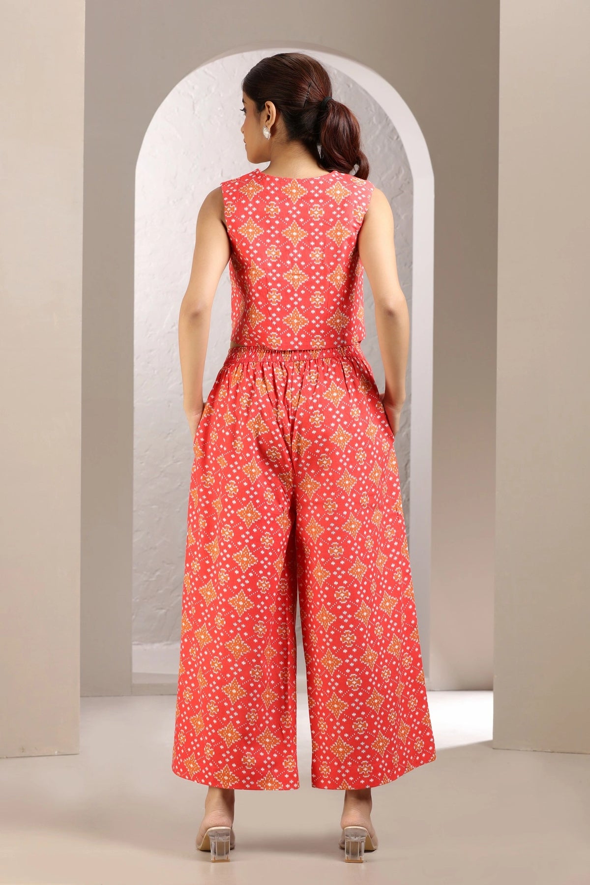 Dark Peach Cotton Printed A Line Sleeveless Co-ord Set