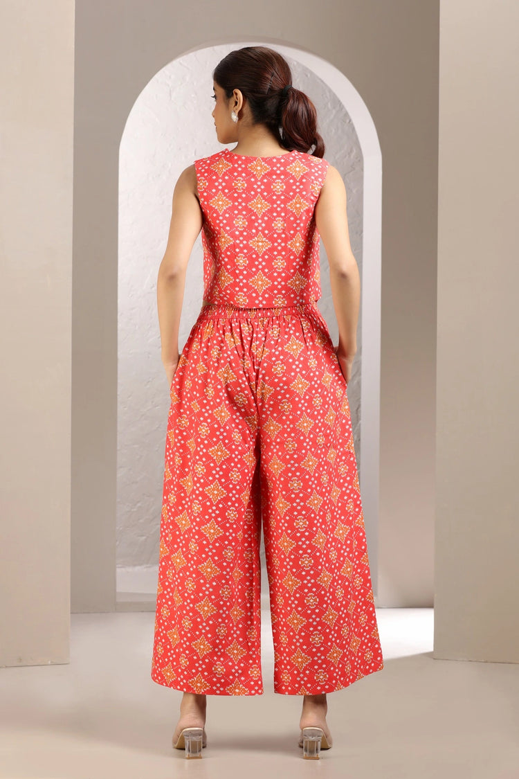 Dark Peach Cotton Printed A Line Sleeveless Co-ord Set
