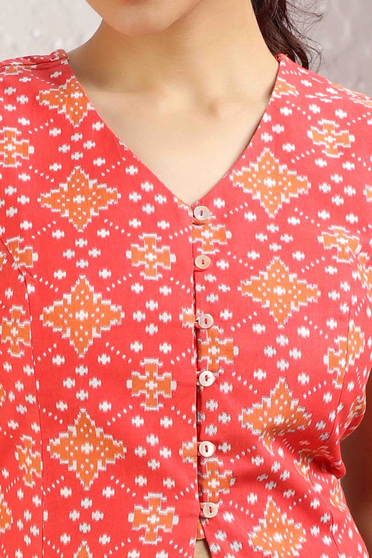 Dark Peach Cotton Printed A Line Sleeveless Co-ord Set