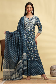 Dark Teal Embroidered Jaipuri Cotton Straight Kurta Palazzo Dupatta Suit Set