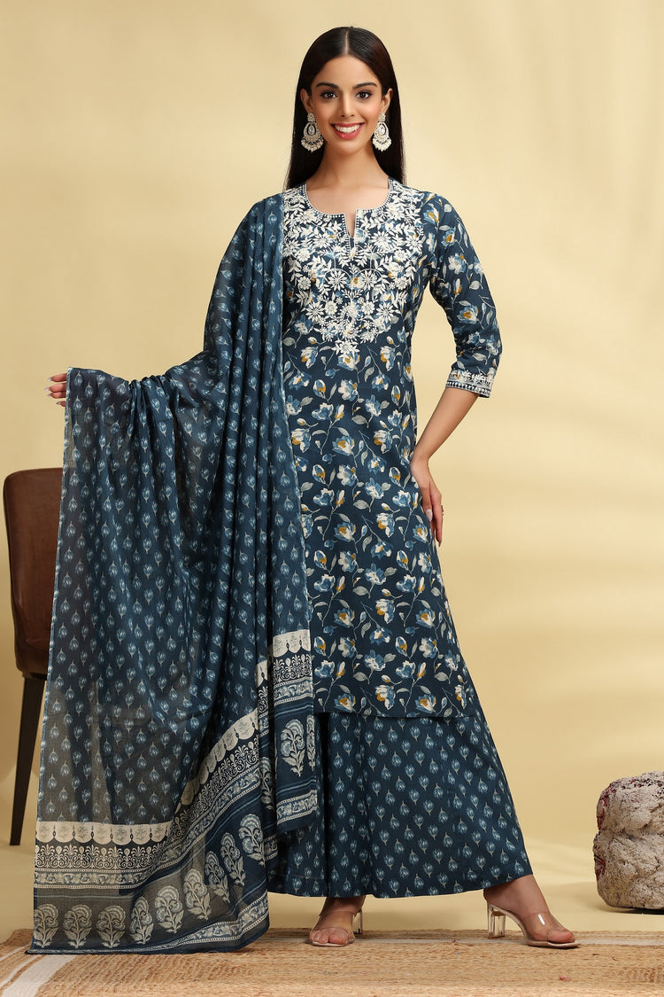 Dark Teal Embroidered Jaipuri Cotton Straight Kurta Palazzo Dupatta Suit Set