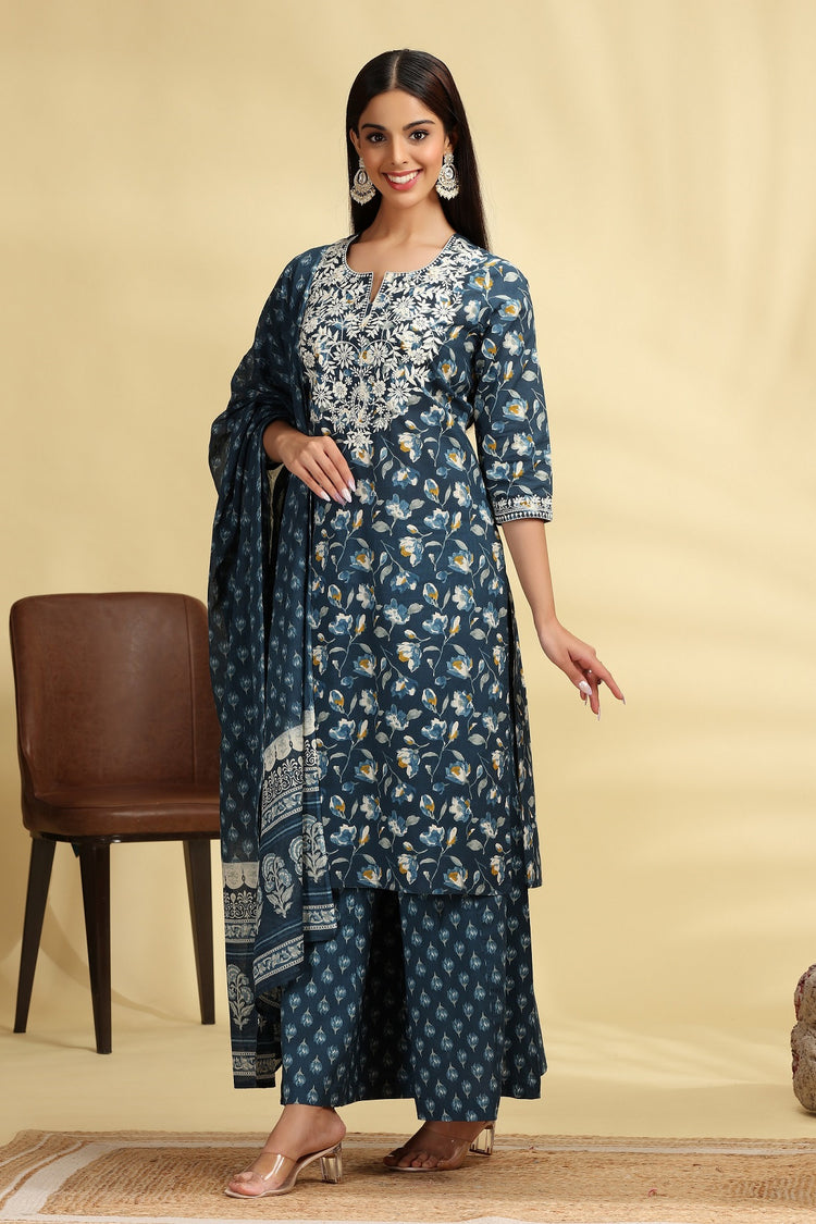Dark Teal Embroidered Jaipuri Cotton Straight Kurta Palazzo Dupatta Suit Set
