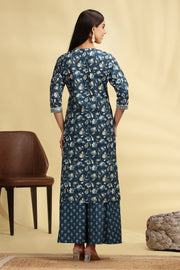 Dark Teal Embroidered Jaipuri Cotton Straight Kurta Palazzo Dupatta Suit Set