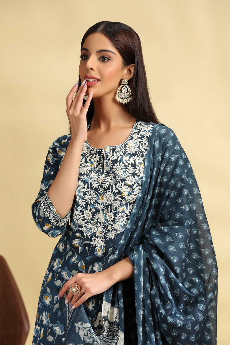 Dark Teal Embroidered Jaipuri Cotton Straight Kurta Palazzo Dupatta Suit Set