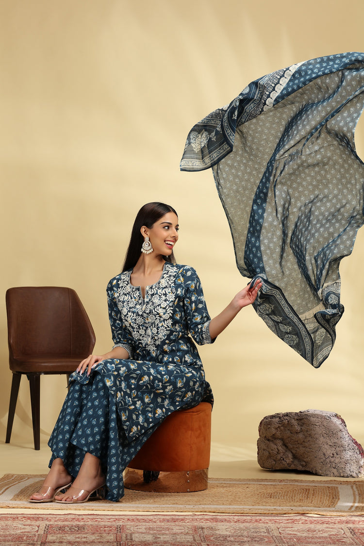 Dark Teal Embroidered Jaipuri Cotton Straight Kurta Palazzo Dupatta Suit Set