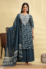 Dark Teal Embroidered Jaipuri Cotton Straight Kurta Palazzo Dupatta Suit Set