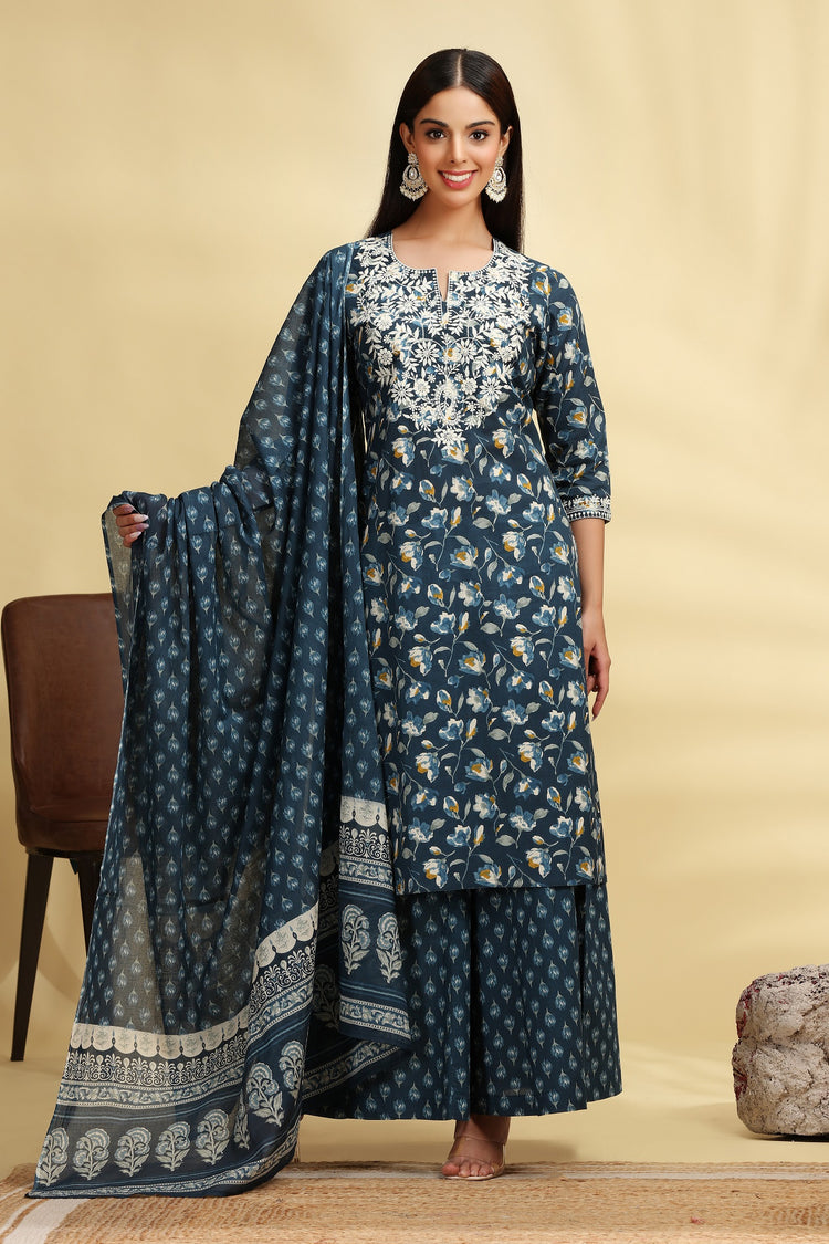 Dark Teal Embroidered Jaipuri Cotton Straight Kurta Palazzo Dupatta Suit Set