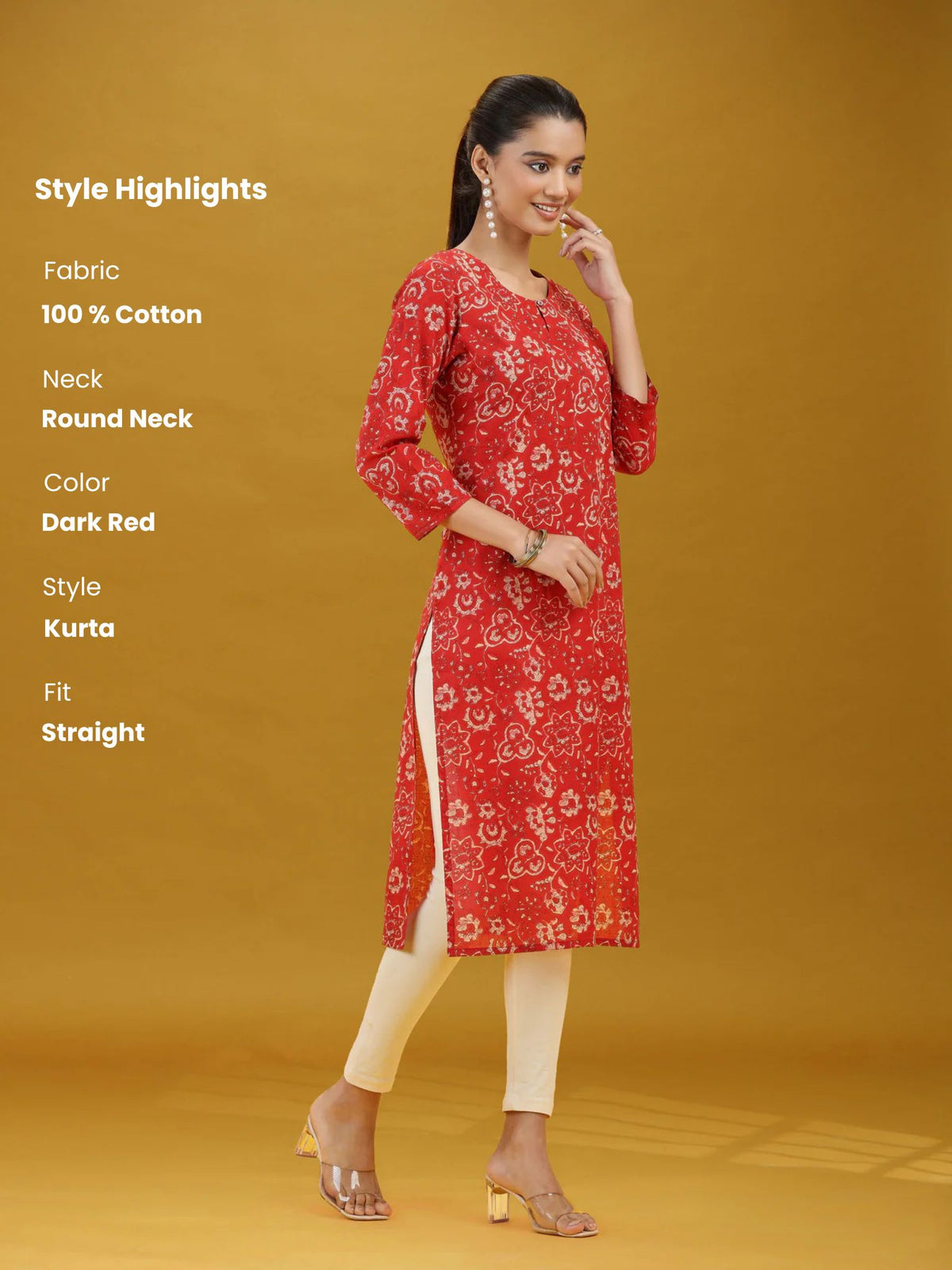 Dark Red Floral Printed Pure Cotton Straight Kurta