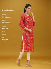 Dark Red Floral Printed Pure Cotton Straight Kurta