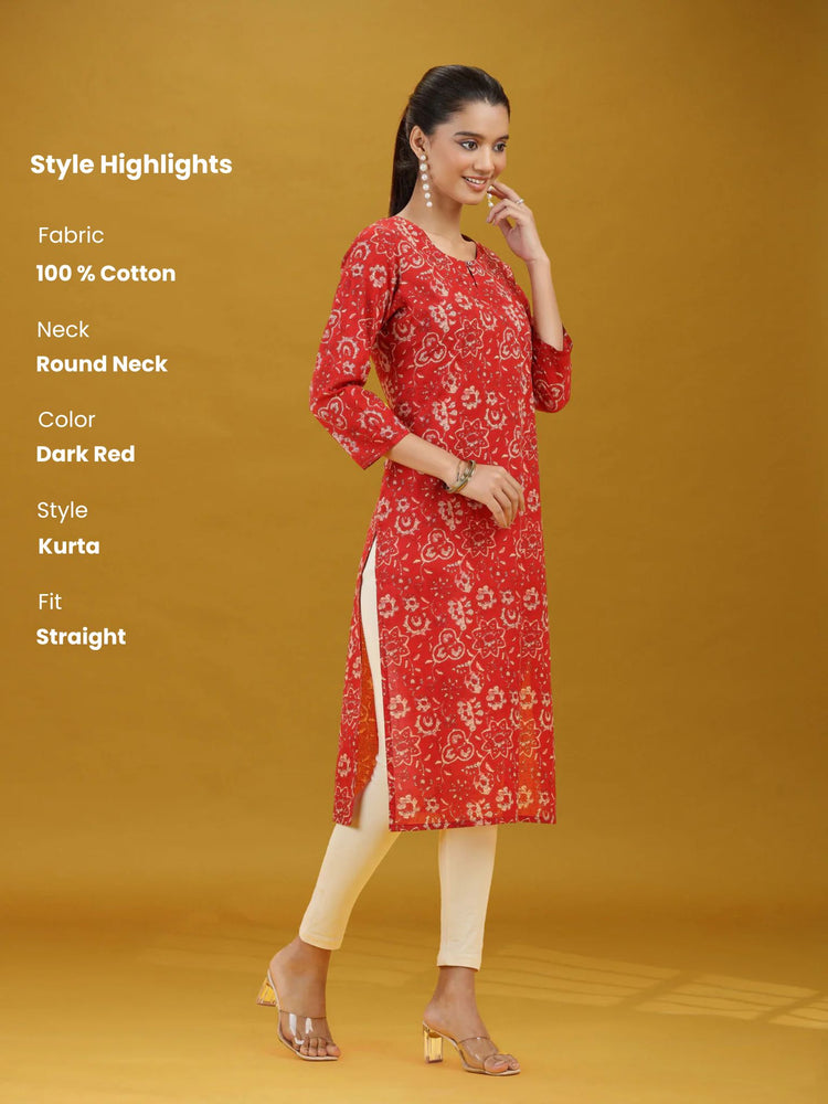 Dark Red Floral Printed Pure Cotton Straight Kurta