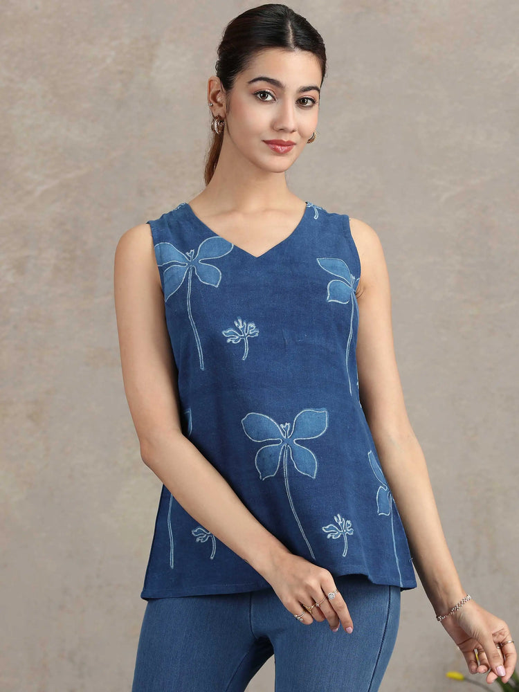 Denim Blue Floral Printed Straight Tunic