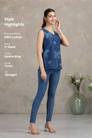 Denim Blue Floral Printed Straight Tunic