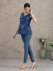 Denim Blue Floral Printed Straight Tunic