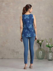 Denim Blue Floral Printed Straight Tunic