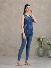 Denim Blue Floral Printed Straight Tunic