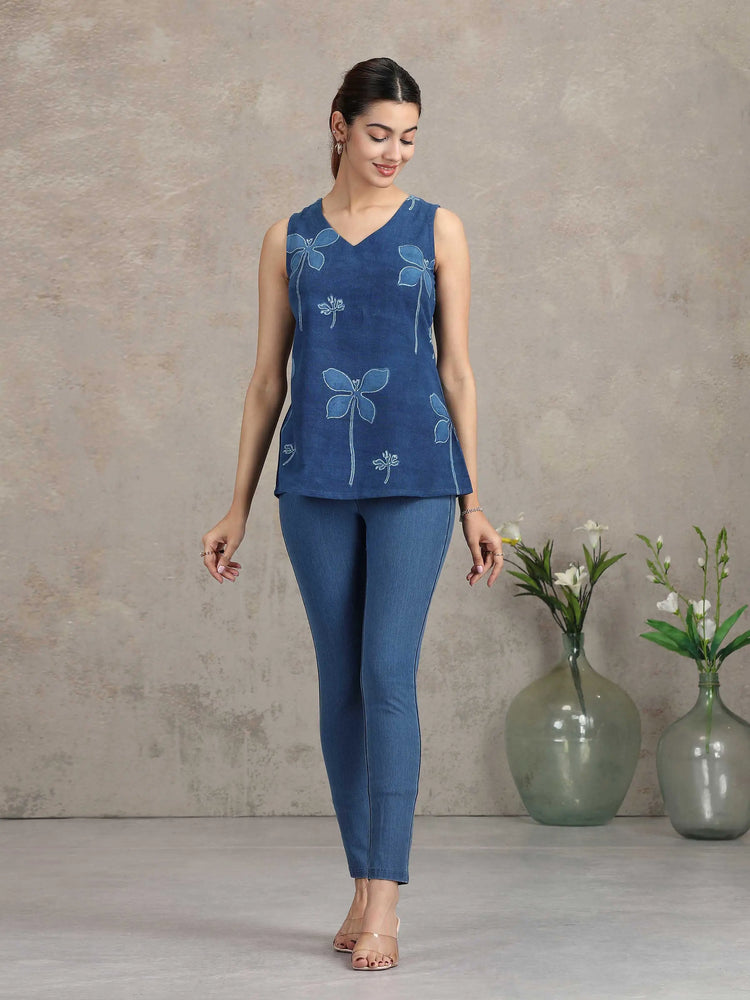 Denim Blue Floral Printed Straight Tunic