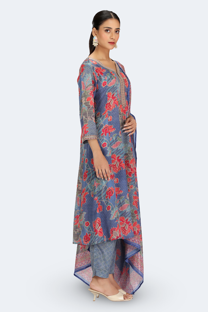Blue PolySilk Printed Straight Kurta Pant and Dupatta Suit Set for women