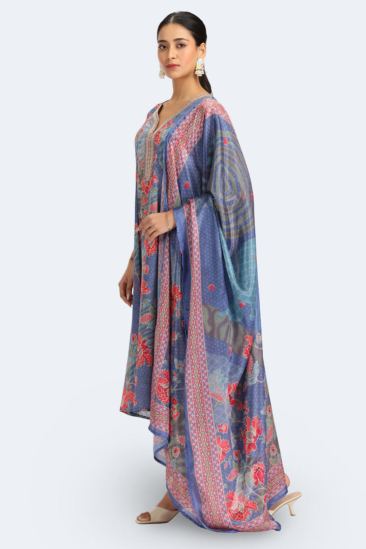 Blue PolySilk Printed Straight Kurta Pant and Dupatta Suit Set for women