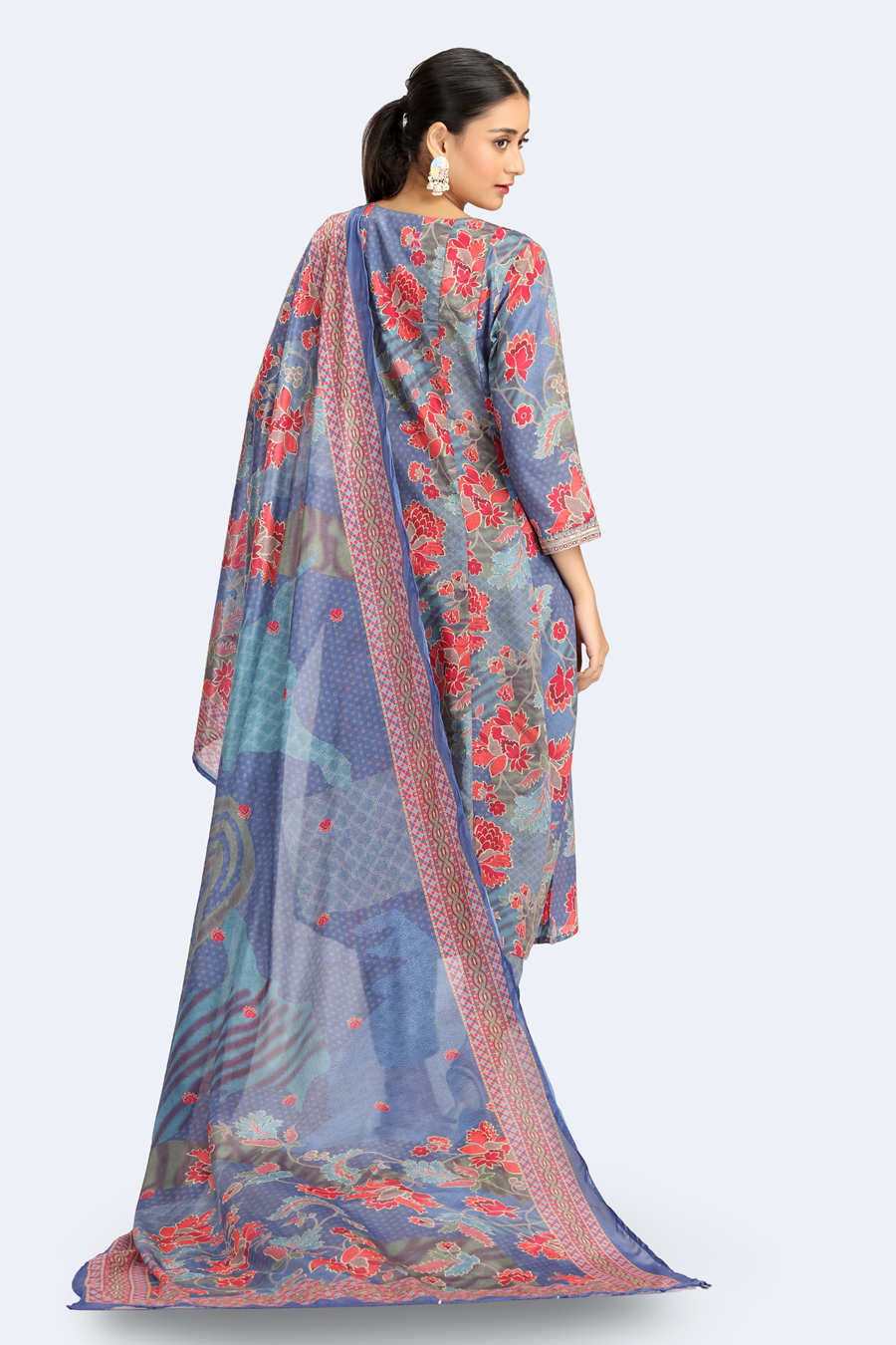 Blue PolySilk Printed Straight Kurta Pant and Dupatta Suit Set for women