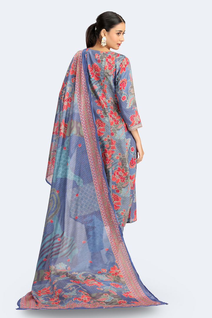 Blue PolySilk Printed Straight Kurta Pant and Dupatta Suit Set for women