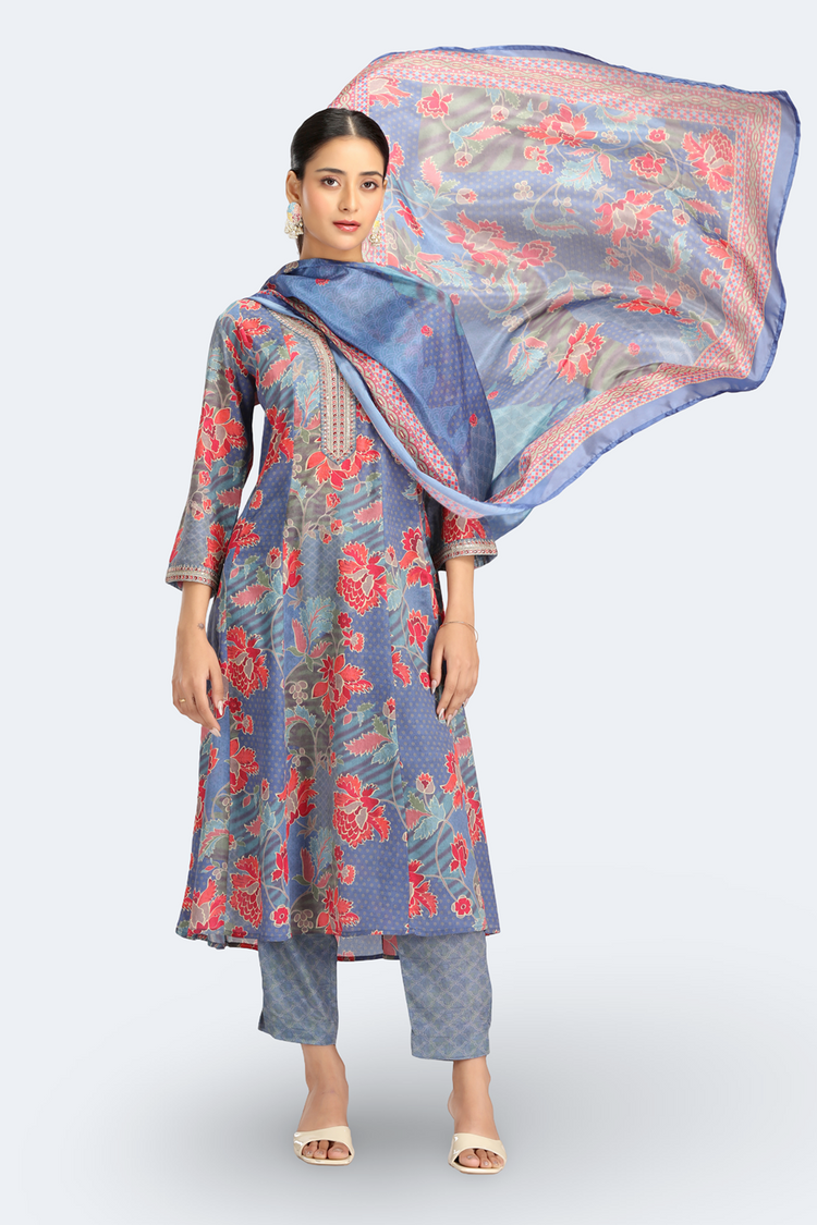 Blue PolySilk Printed Straight Kurta Pant and Dupatta Suit Set for women