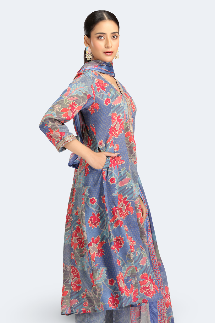 Blue PolySilk Printed Straight Kurta Pant and Dupatta Suit Set for women