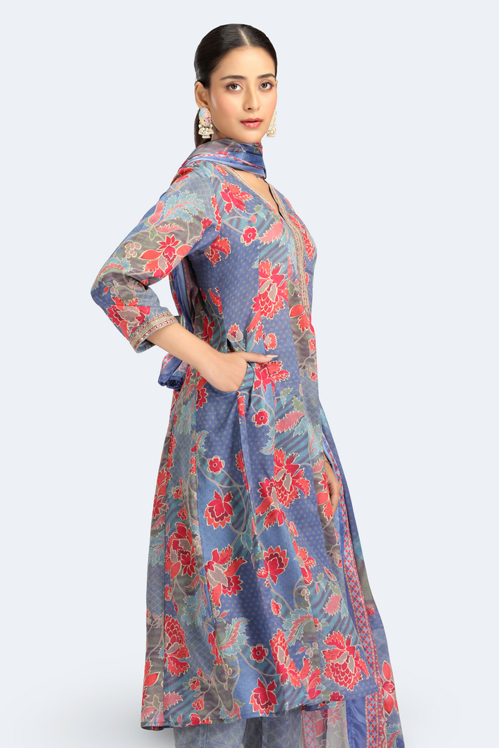 Blue PolySilk Printed Straight Kurta Pant and Dupatta Suit Set for women
