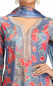 Blue PolySilk Printed Straight Kurta Pant and Dupatta Suit Set for women