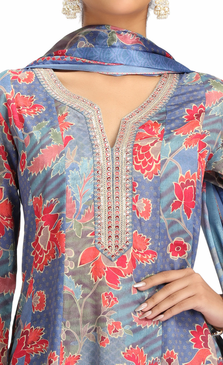 Blue PolySilk Printed Straight Kurta Pant and Dupatta Suit Set for women