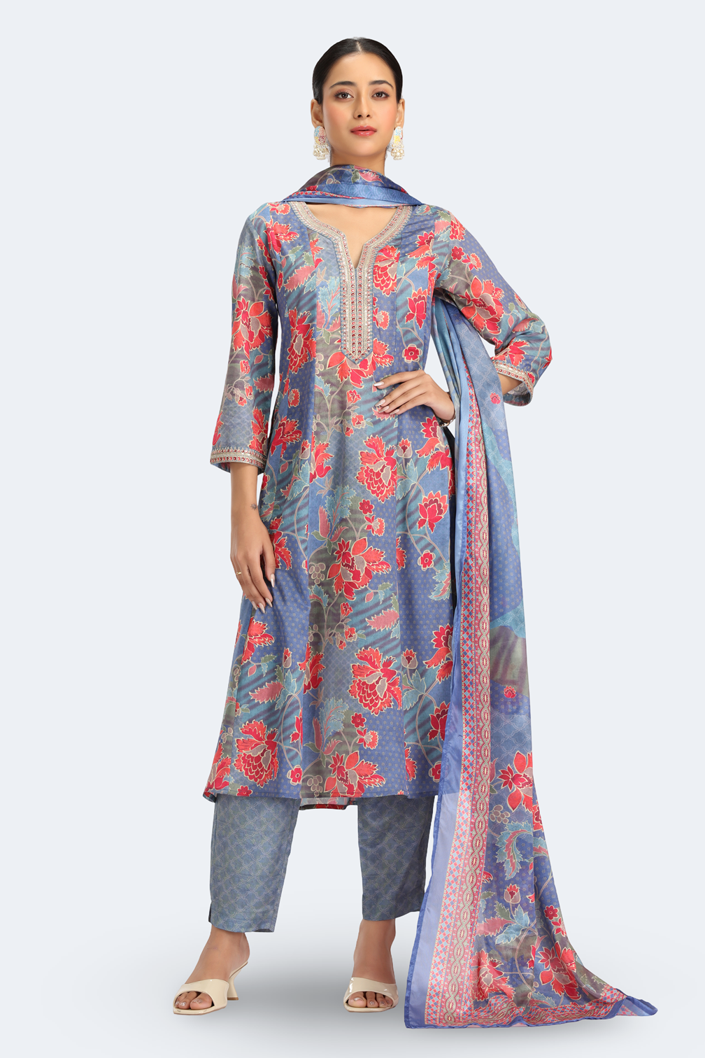 Blue PolySilk Printed Straight Kurta Pant and Dupatta Suit Set for women